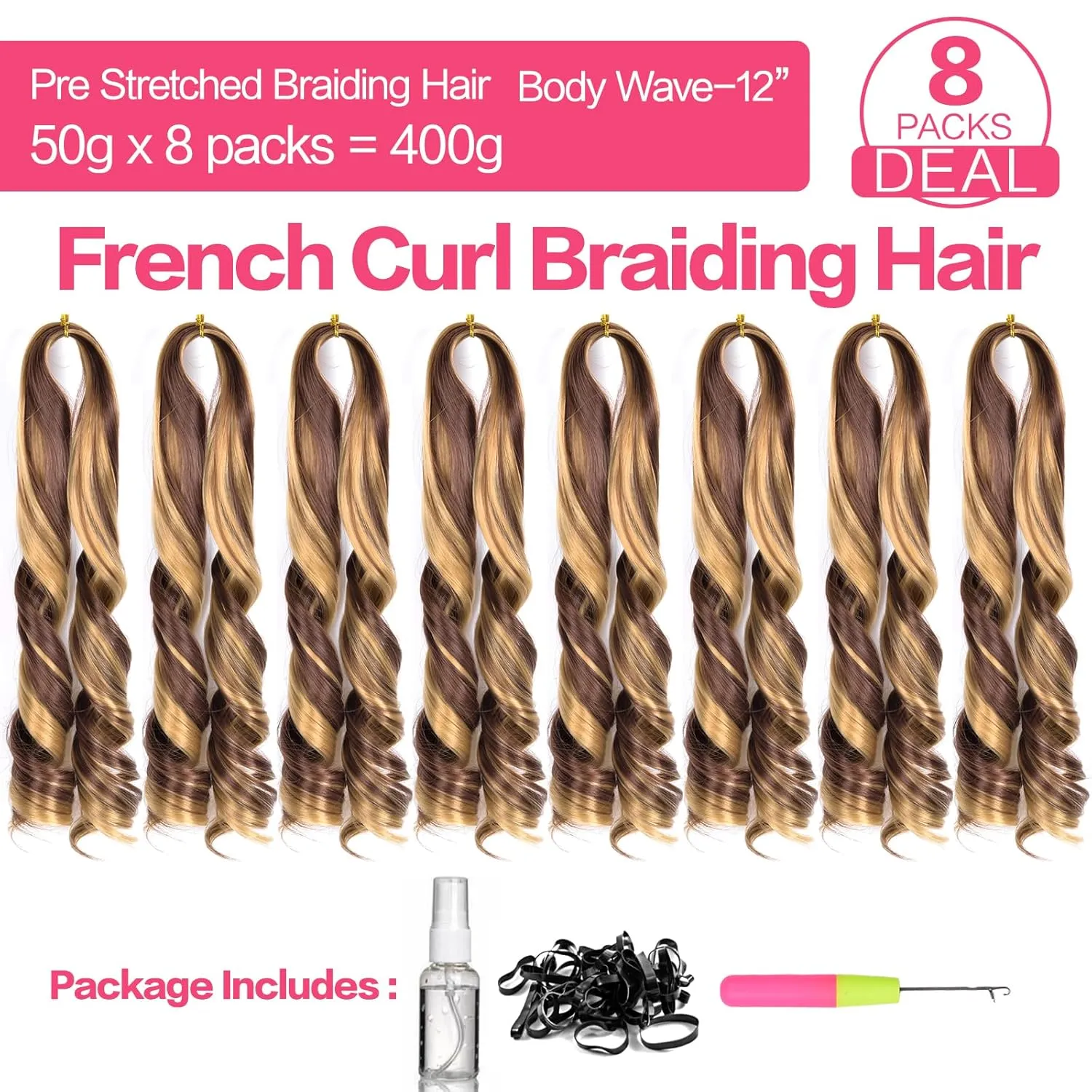 12 Inch French Curly Braiding Hair 27/33 Short French Curl Braiding Hair with Curly Ends Hair Extensions Braids Crochet Hair for Women (12 inch,8 packs,P27/33#)