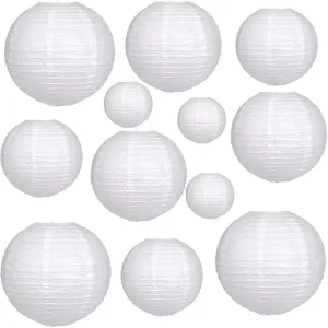 12Pcs White Paper Lanterns - Chinese Japanese Round Hanging Lamp for Wedding, Bridal, Outdoor, Garden, Home, Party Decorations (Size of 6", 8", 10", 12")