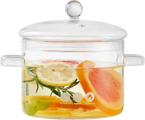 1900ML/67oz Glass Clear Saucepan with Lid,Best Handmade Easy Clean Heat Resistant Glass Cooking Pot for Noodles, Soup, Cereals, Fruits