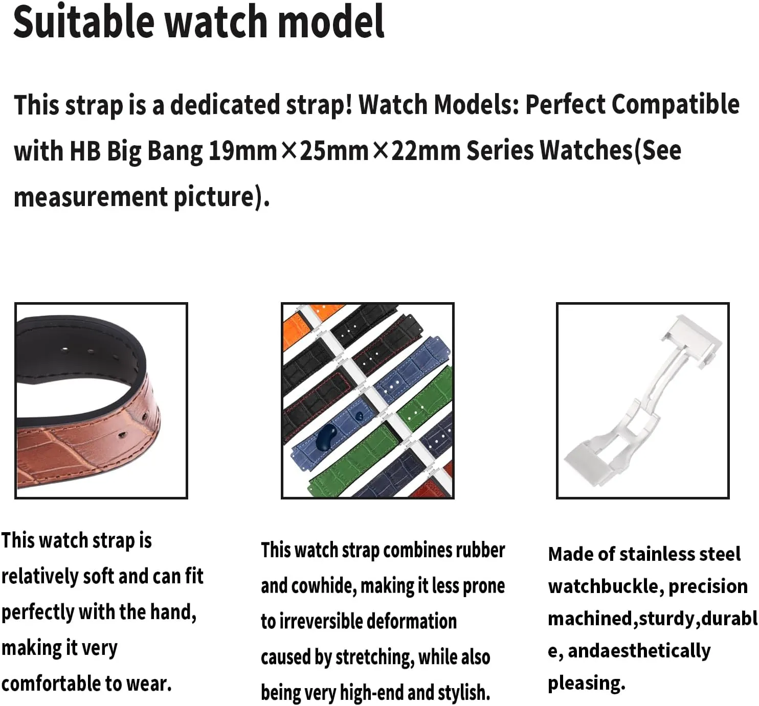 19mm*25mm*22mm Leather Watch Band replacement for Hublot Big Bang 25 mm Strap Wirstband accessories with Buckle for Men and Women
