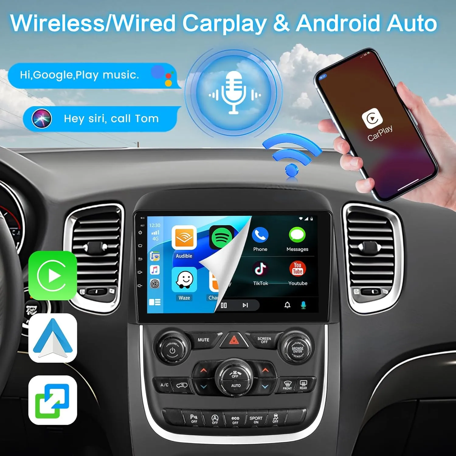 [2 64GB] Inefala for Dodge Durango 2014-2020 Android Car Radio Stereo with Wireless CarPlay Android Auto, 9 Inch HD Touchscreen with GPS WiFi Bluetooth FM/RDS SWC Canbus Backup Camera MIC