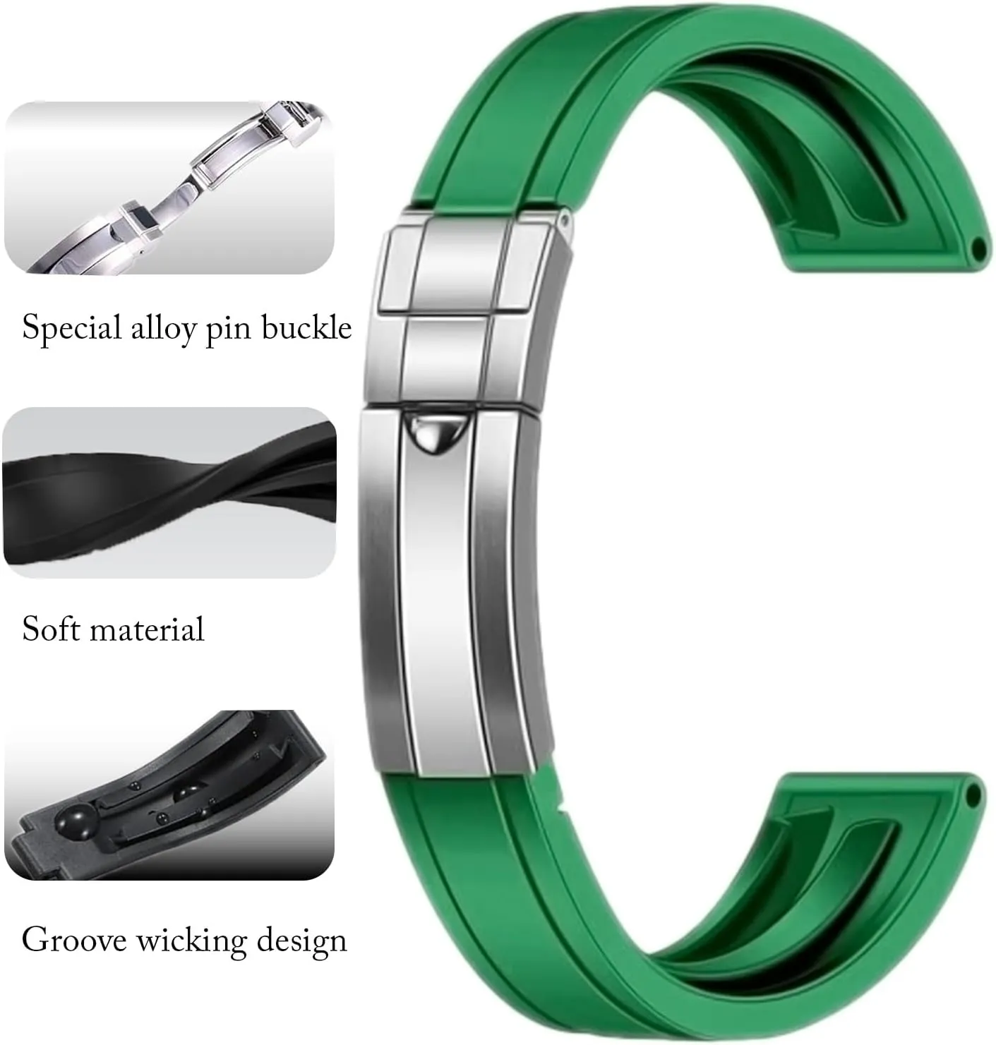 20mm Curved End Rubber Watch Band for Rolex Submariner,for Daytona,for Ghost,for Yachtmaster & More,Waterproof, With Deployment Clasp Watch Bands