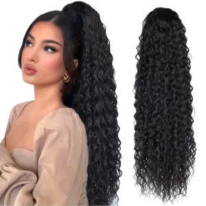 24 Inch Curly Ponytail Hair Extension Black Curly Synthetic Instant Clip Drawstring Ponytail Clip in Long Ponytail Hair Extensions Curly For Black Women (24 Inch 1B#， 5.64 OZ)