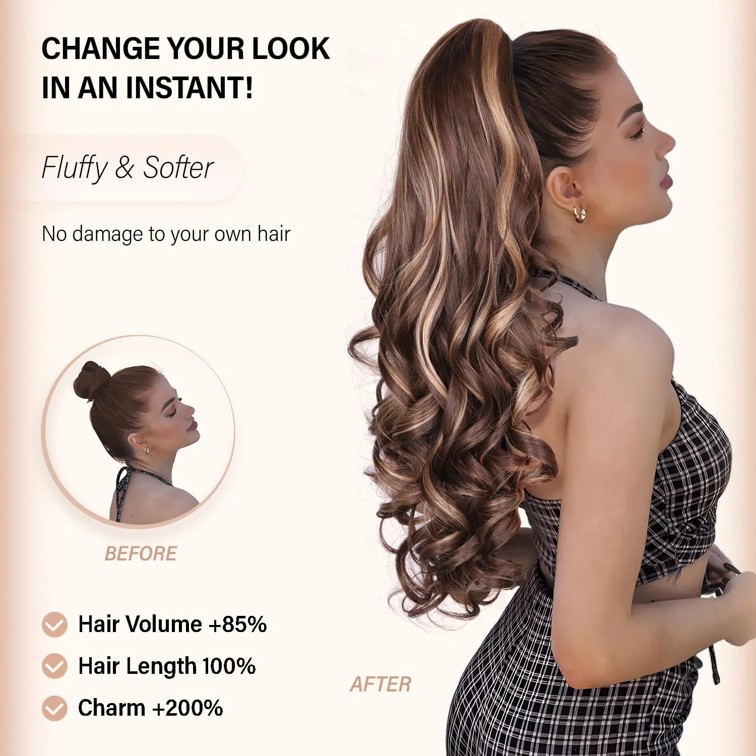 24 Inch Ponytail Extension, Clip on Ponytails for Women, Long Curly Wavy Ponytail Extensions for Women, Synthetic Layered Pony Tails Hair Extensions (Color:Medium Blonde with Bleach Blonde Ends)
