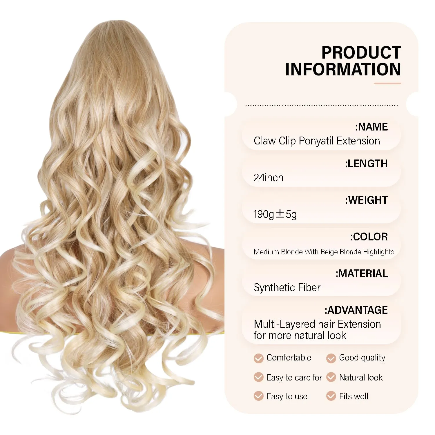 24 Inch Ponytail Extension, Clip on Ponytails for Women, Long Curly Wavy Ponytail Extensions for Women, Synthetic Layered Pony Tails Hair Extensions (Color:Medium Blonde with Bleach Blonde Ends)
