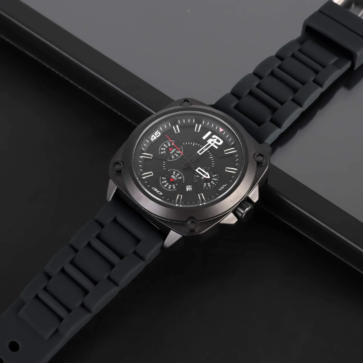 24mm Black Silicone Rubber Watch Strap Band Stainless Steel Black Buckle for Fossil Watch
