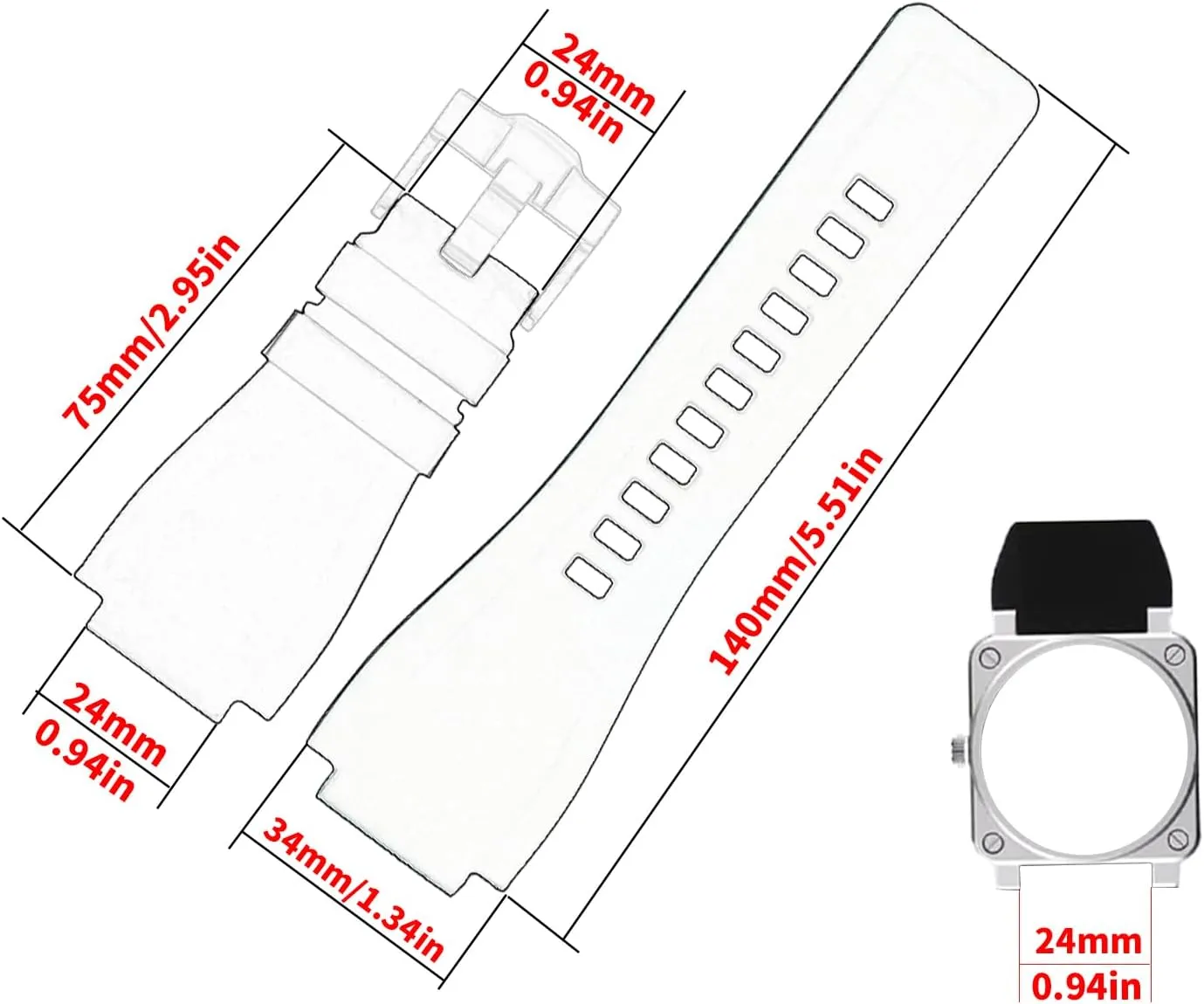 24mm*33mm Rubber Watch Band Compatible for Bell & Ross B&R BR-01 BR01 BR-03 BR03 Diver watch modles Silicone Strap Wirstband accessories replacement for Men and Women