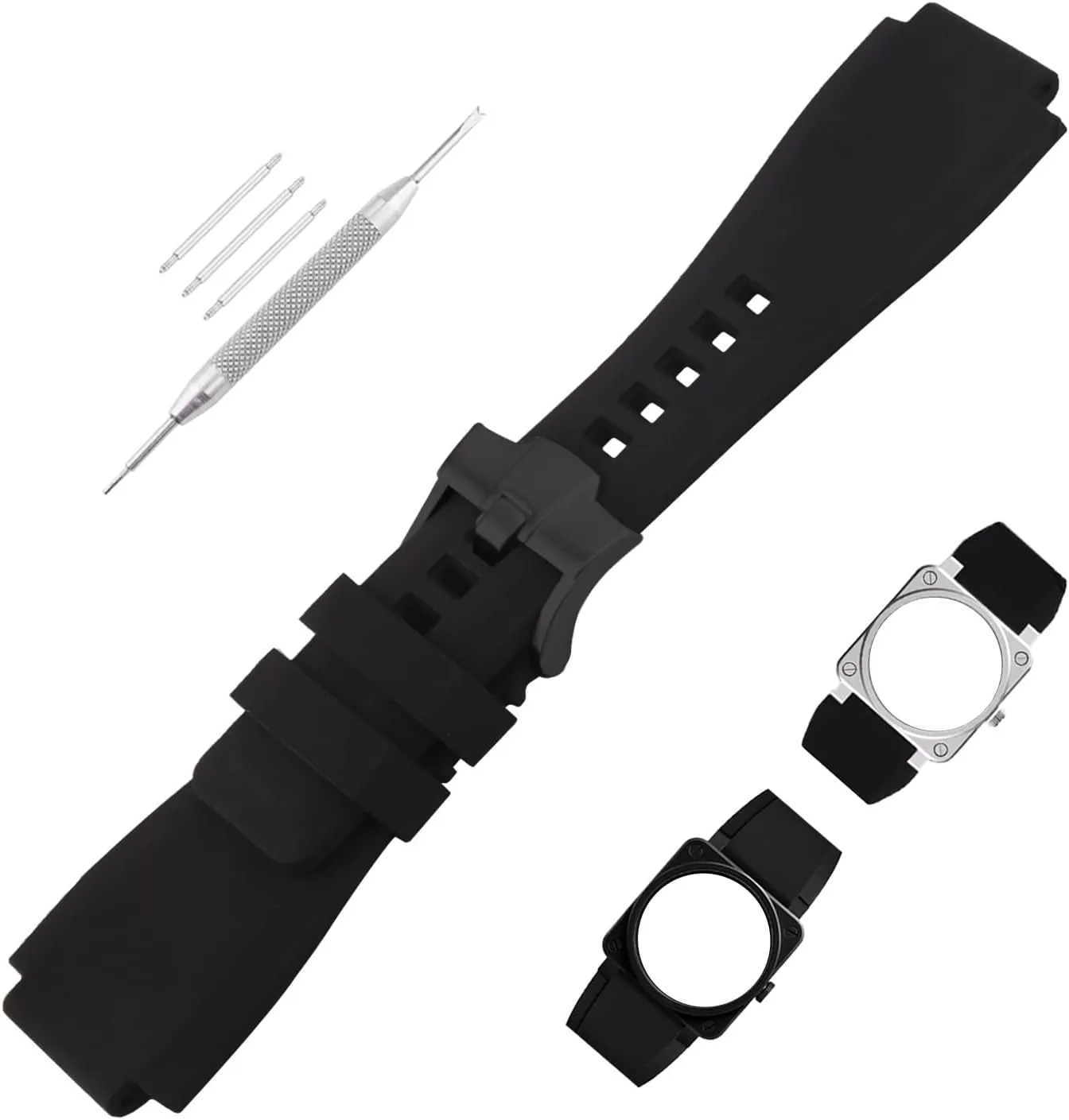 24mm*33mm Rubber Watch Band Compatible for Bell & Ross B&R BR-01 BR01 BR-03 BR03 Diver watch modles Silicone Strap Wirstband accessories replacement for Men and Women