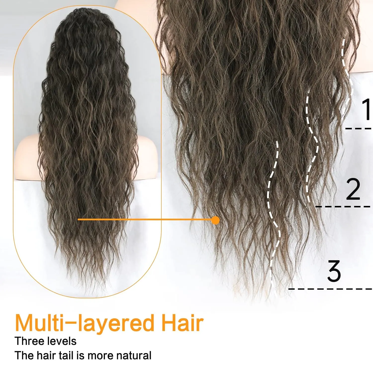 26 Inch Long Black Drawstring Ponytail Extension for Women Synthetic Long Curly Wavy Clip in Ponytail Hair Extensions for Daily Party Use (26 Inch, Brown to Chesnut Brown)