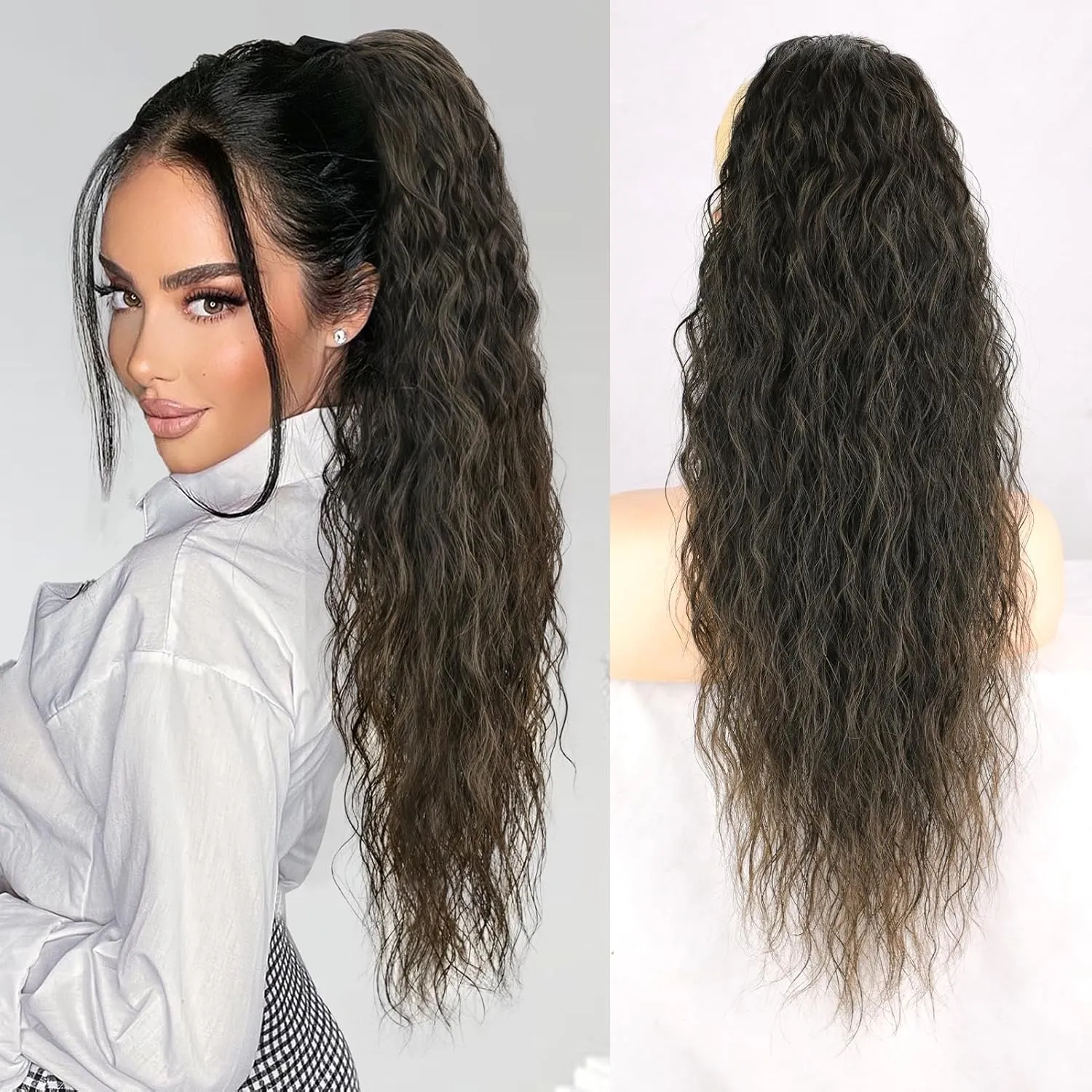 26 Inch Long Black Drawstring Ponytail Extension for Women Synthetic Long Curly Wavy Clip in Ponytail Hair Extensions for Daily Party Use (26 Inch, Brown to Chesnut Brown)