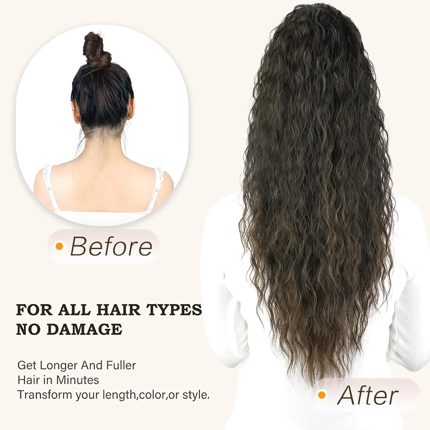 26 Inch Long Black Drawstring Ponytail Extension for Women Synthetic Long Curly Wavy Clip in Ponytail Hair Extensions for Daily Party Use (26 Inch, Brown to Chesnut Brown)