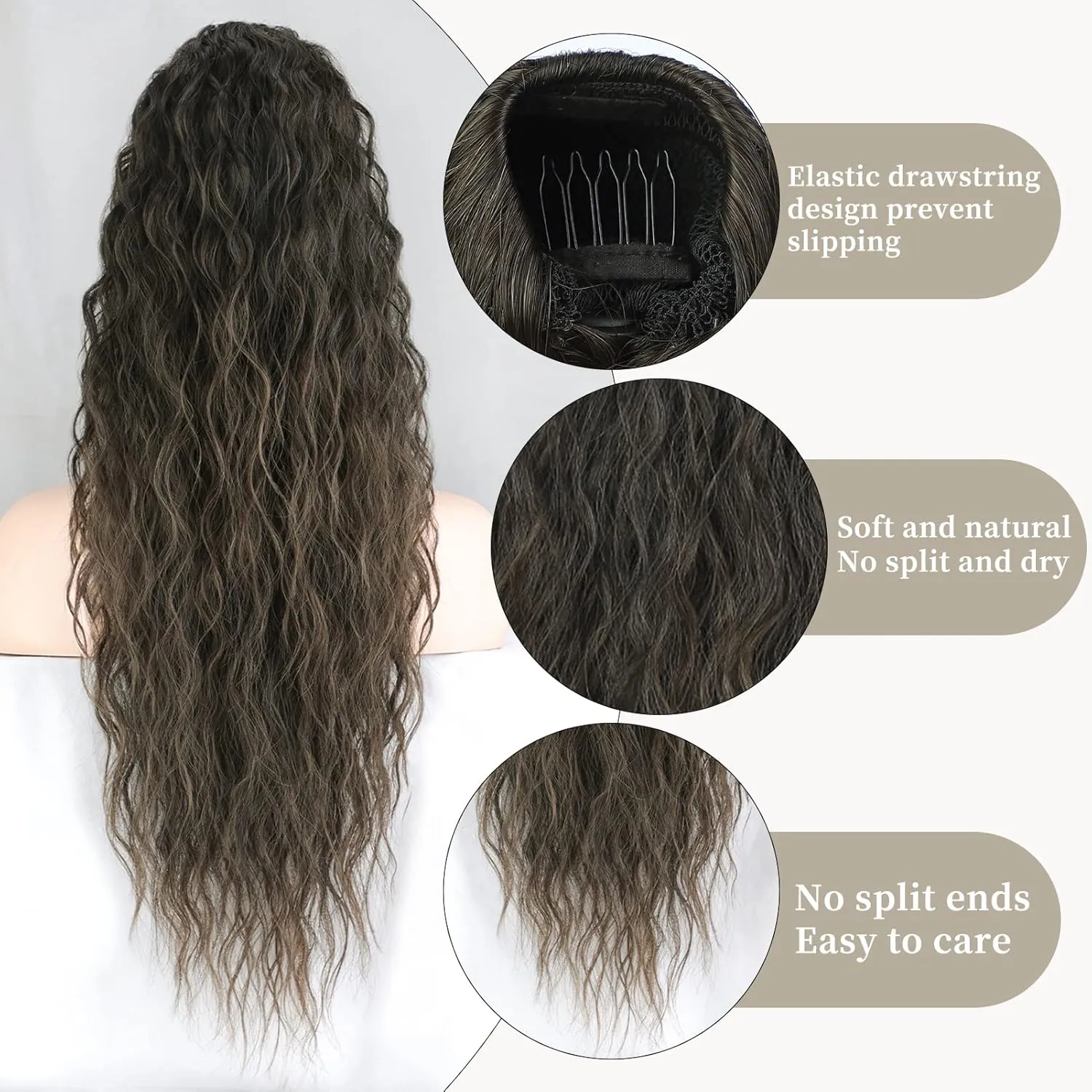 26 Inch Long Black Drawstring Ponytail Extension for Women Synthetic Long Curly Wavy Clip in Ponytail Hair Extensions for Daily Party Use (26 Inch, Brown to Chesnut Brown)