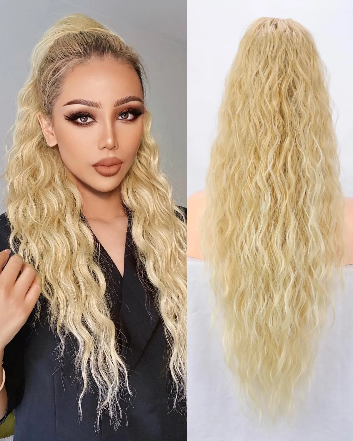 26 Inch Long Black Drawstring Ponytail Extension for Women Synthetic Long Curly Wavy Clip in Ponytail Hair Extensions for Daily Party Use (26 Inch, T24/613J#)