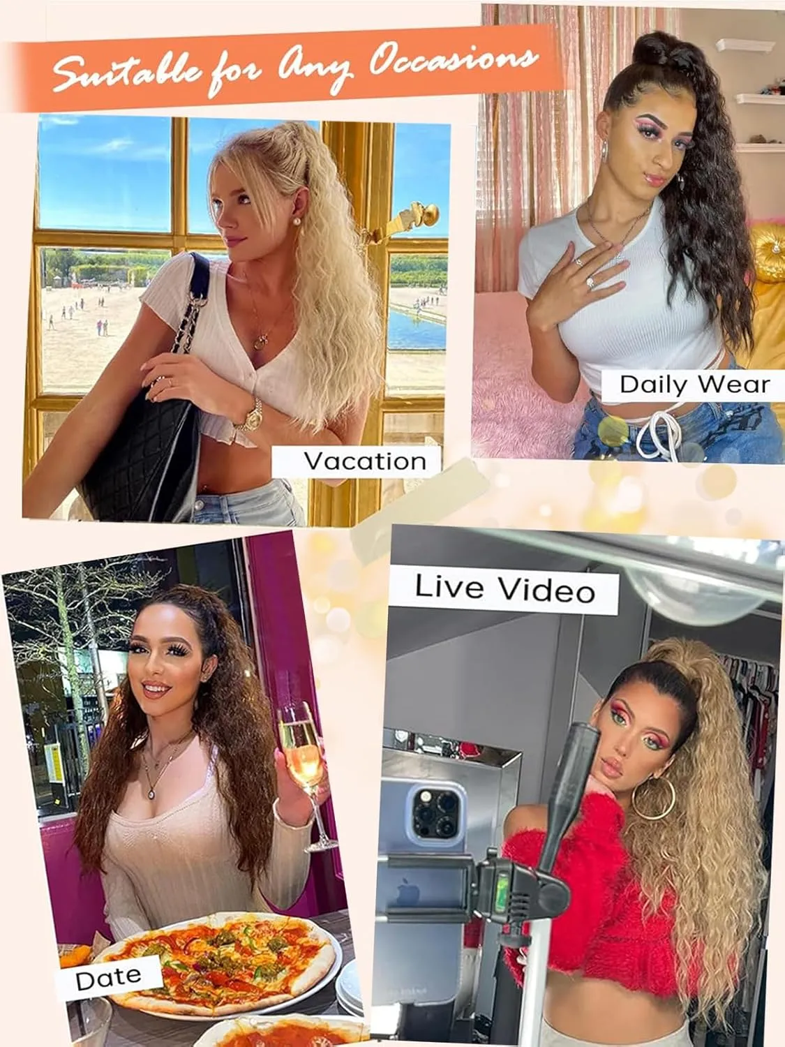 26 Inch Long Black Drawstring Ponytail Extension for Women Synthetic Long Curly Wavy Clip in Ponytail Hair Extensions for Daily Party Use (26 Inch, T24/613J#)
