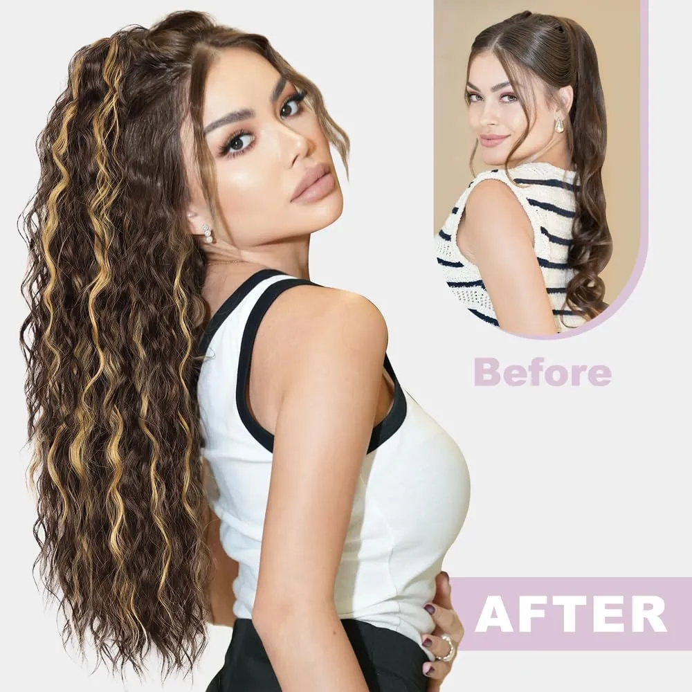 26 Inch Long Chocolate Brown with Caramel Blonde Drawstring Ponytail Extension for Women Synthetic Long Curly Wavy Clip in Ponytail Hair Extensions for Daily Party Use