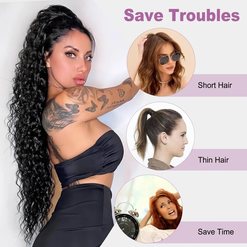 26 Inch Long Chocolate Brown with Caramel Blonde Drawstring Ponytail Extension for Women Synthetic Long Curly Wavy Clip in Ponytail Hair Extensions for Daily Party Use