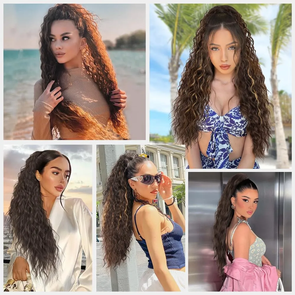26 Inch Long Chocolate Brown with Caramel Blonde Drawstring Ponytail Extension for Women Synthetic Long Curly Wavy Clip in Ponytail Hair Extensions for Daily Party Use