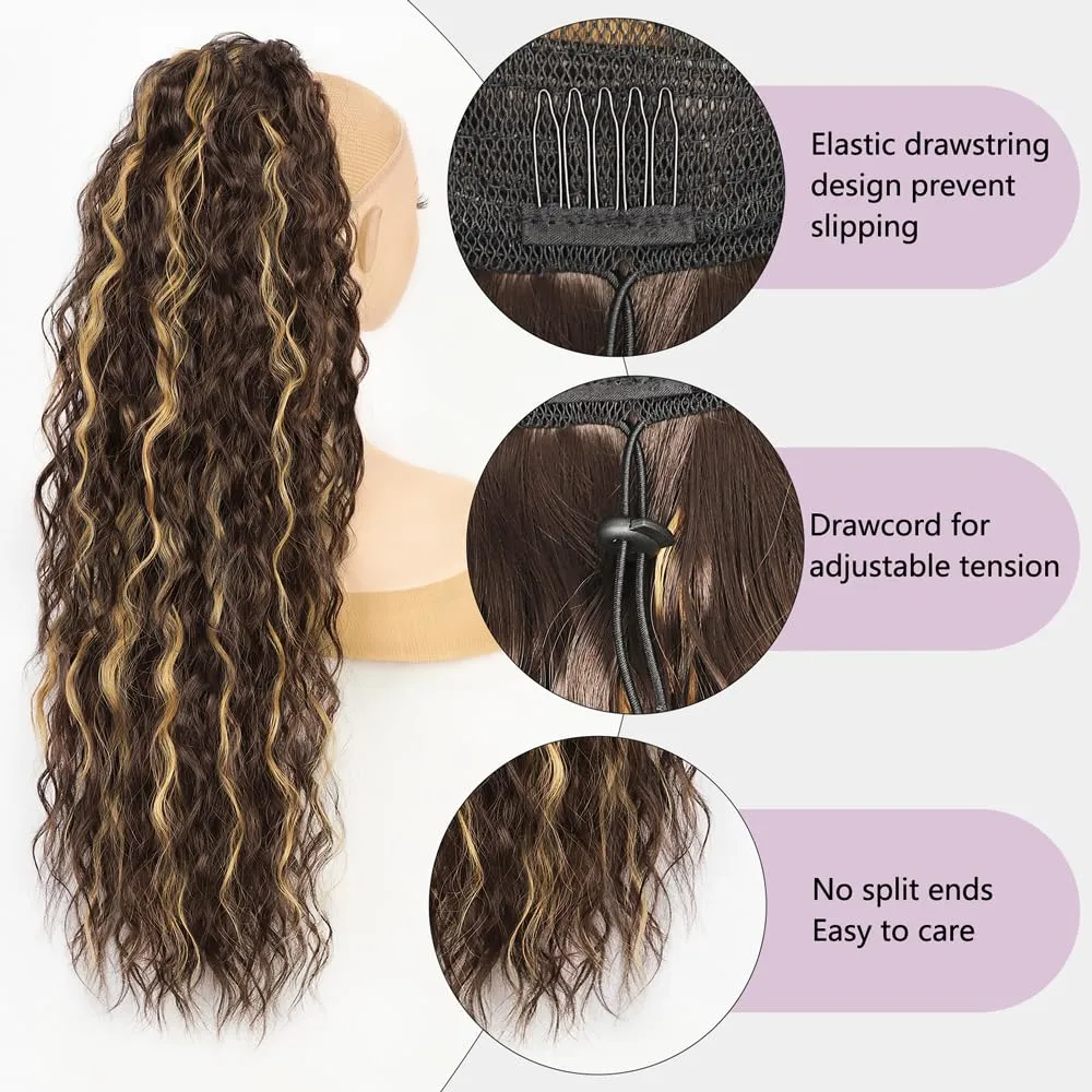 26 Inch Long Chocolate Brown with Caramel Blonde Drawstring Ponytail Extension for Women Synthetic Long Curly Wavy Clip in Ponytail Hair Extensions for Daily Party Use