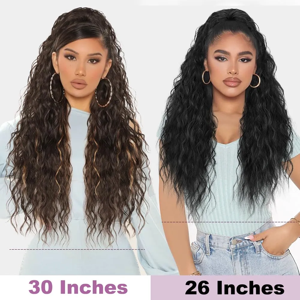 26 Inch Long Chocolate Brown with Caramel Blonde Drawstring Ponytail Extension for Women Synthetic Long Curly Wavy Clip in Ponytail Hair Extensions for Daily Party Use