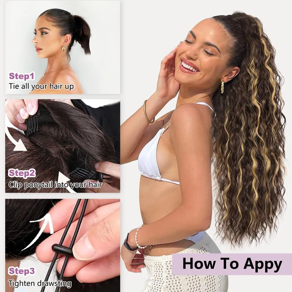 26 Inch Long Chocolate Brown with Caramel Blonde Drawstring Ponytail Extension for Women Synthetic Long Curly Wavy Clip in Ponytail Hair Extensions for Daily Party Use