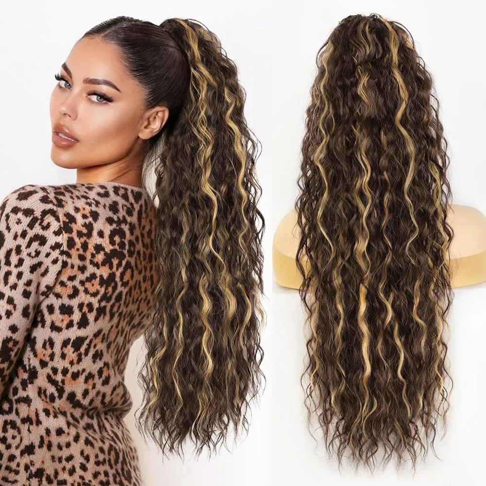 26 Inch Long Chocolate Brown with Caramel Blonde Drawstring Ponytail Extension for Women Synthetic Long Curly Wavy Clip in Ponytail Hair Extensions for Daily Party Use