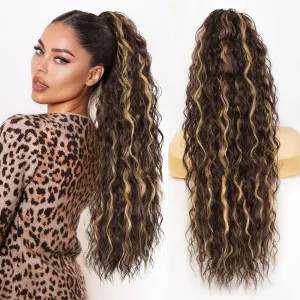 26 Inch Long Chocolate Brown with Caramel Blonde Drawstring Ponytail Extension for Women Synthetic Long Curly Wavy Clip in Ponytail Hair Extensions for Daily Party Use