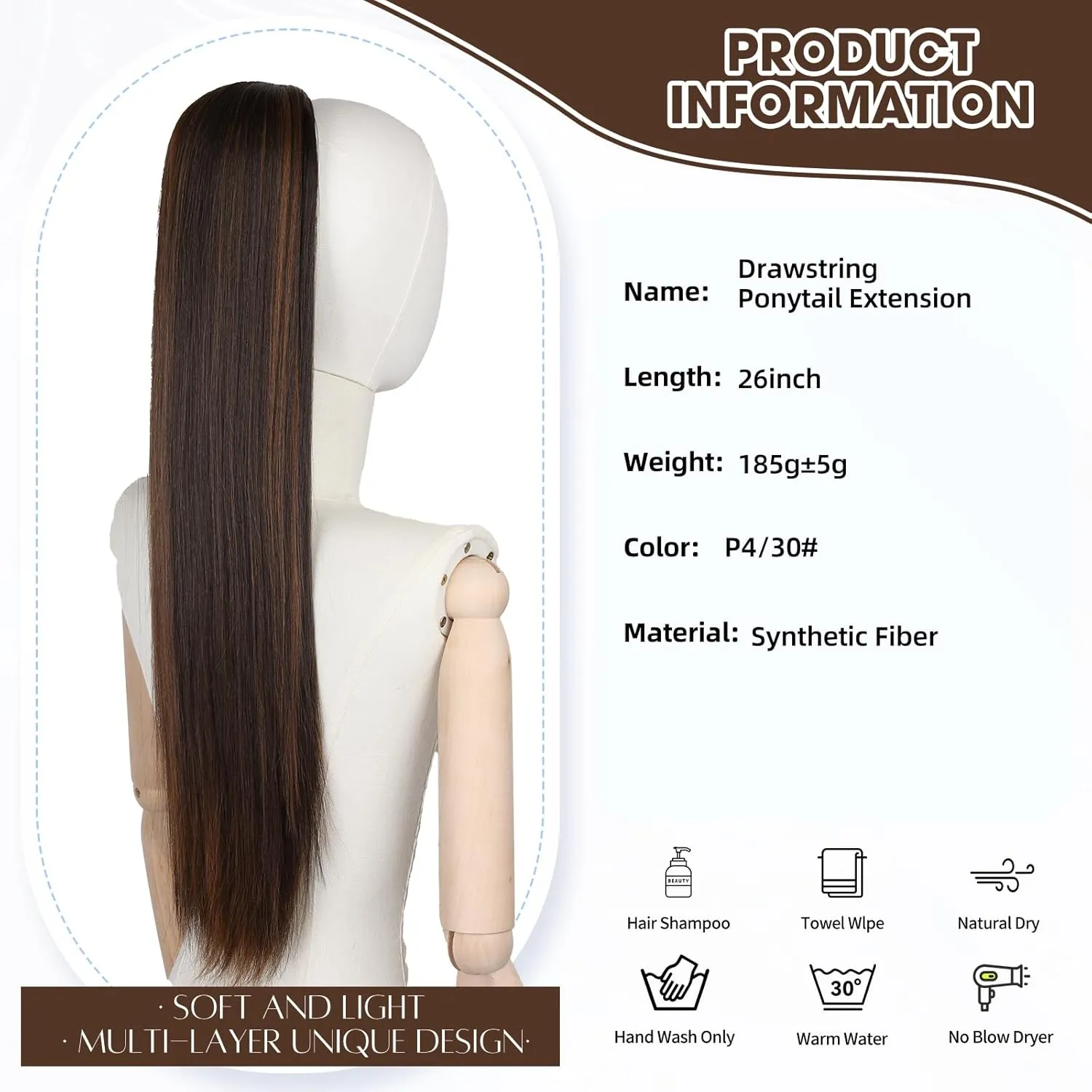 26 Inch Long Ombre Ponytail Extension, Straight Drawstring Ponytail for Black Women, Soft Synthetic Pony Tails Hair Extensions, Hair Extensions Ponytail for Daily Use (Color: P4/30#)