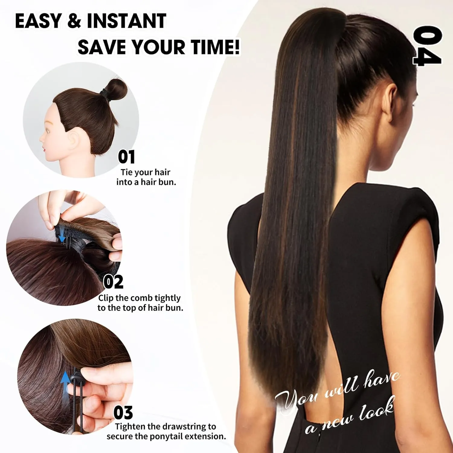 26 Inch Long Ombre Ponytail Extension, Straight Drawstring Ponytail for Black Women, Soft Synthetic Pony Tails Hair Extensions, Hair Extensions Ponytail for Daily Use (Color: P4/30#)