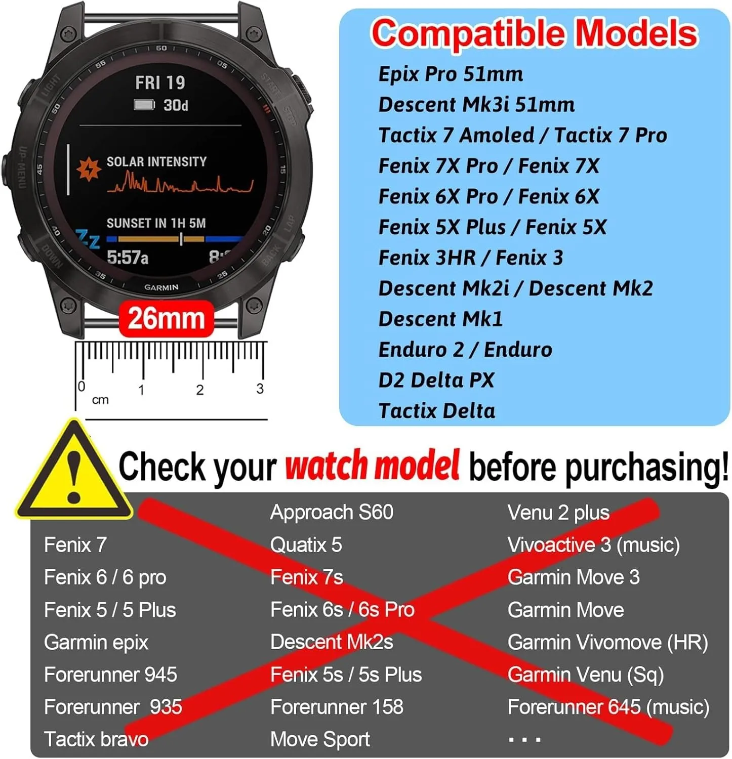 26mm Watch Band，For Garmin Fenix 7X Pro Epix Pro 51mm Fenix 6X Watch Strap Fenix 5X Plus Silicone Wristband Fenix 6X Pro Descent Mk2i MK3i 51mm Smartwatch WristBand