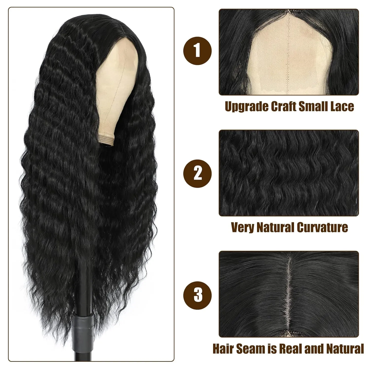 28 Inch Long Curly Synthetic Hair Wigs for Women Black Lace Front Wig Synthetic Curly Wigs Deep Wave Wig with 4" Simulated Scalp Natural Crimps Curls Hair Replacement Wigs for Daily Party Use 1B#