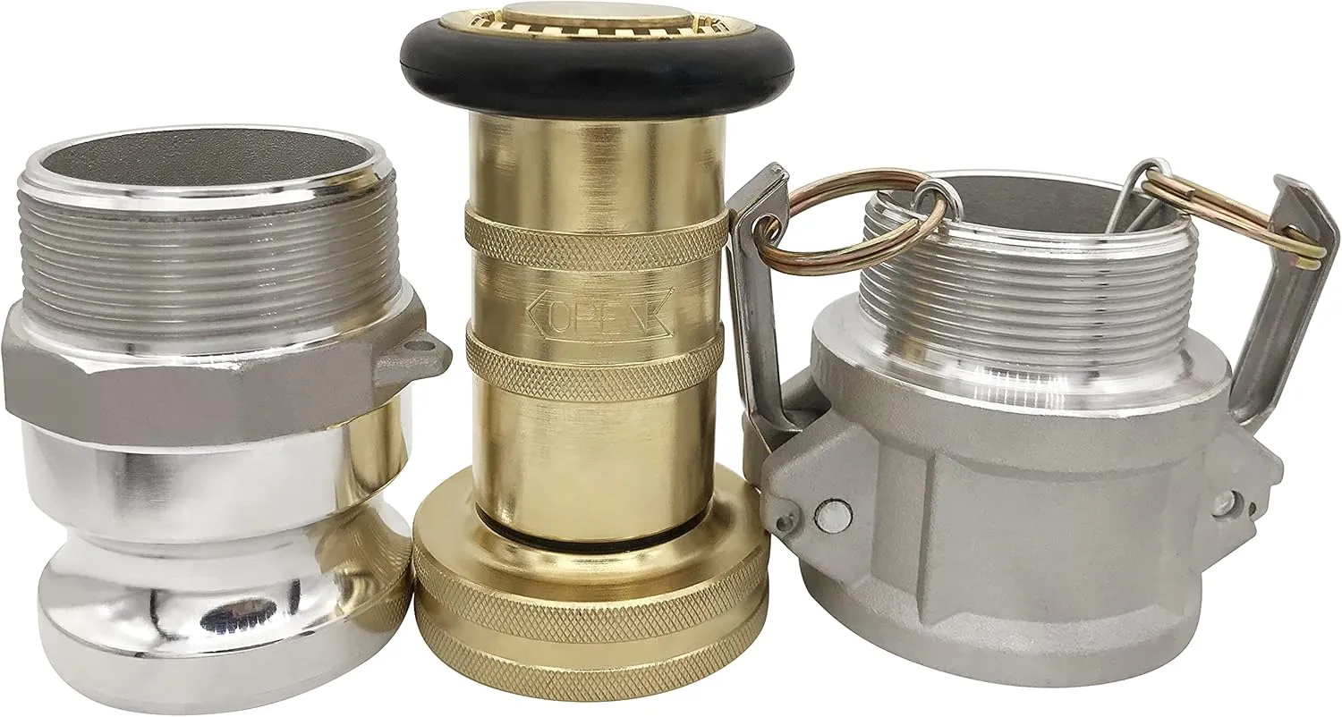 2" NPSH Brass Industrial Fire Hose Nozzle with 2 x Aluminum 2 inch Camlock Fittings Couplings Fire Equipment Constant Flow Heavy-Duty Fog Nozzle