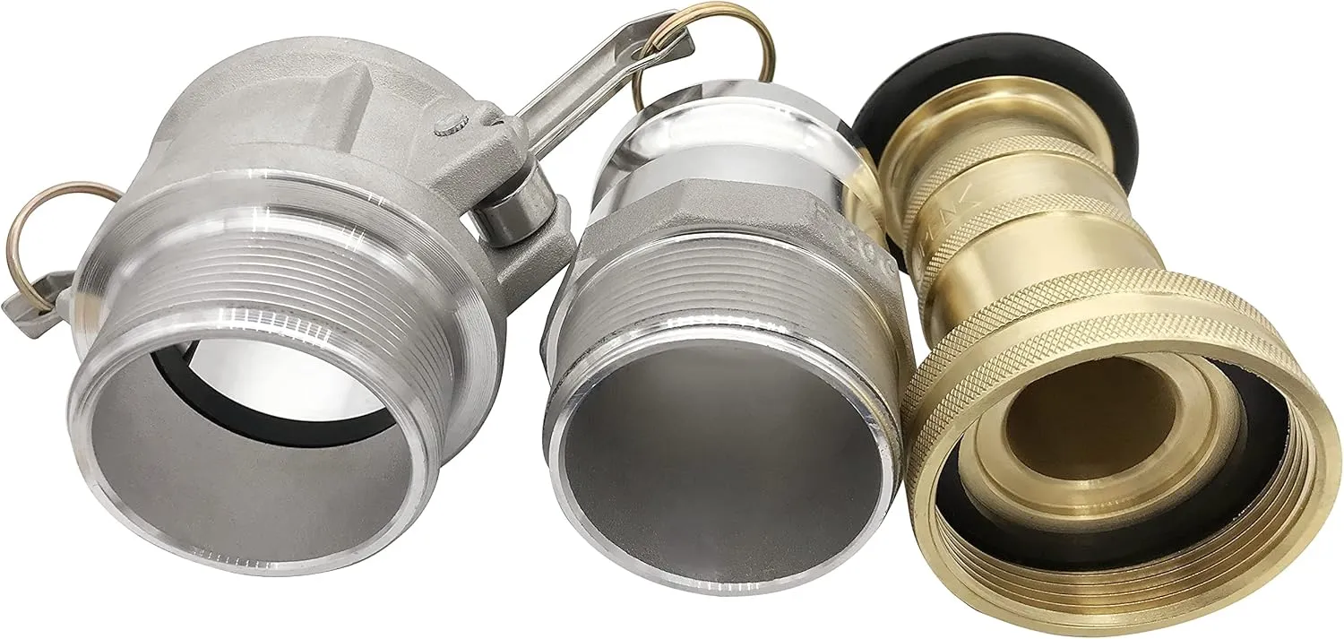 2" NPSH Brass Industrial Fire Hose Nozzle with 2 x Aluminum 2 inch Camlock Fittings Couplings Fire Equipment Constant Flow Heavy-Duty Fog Nozzle