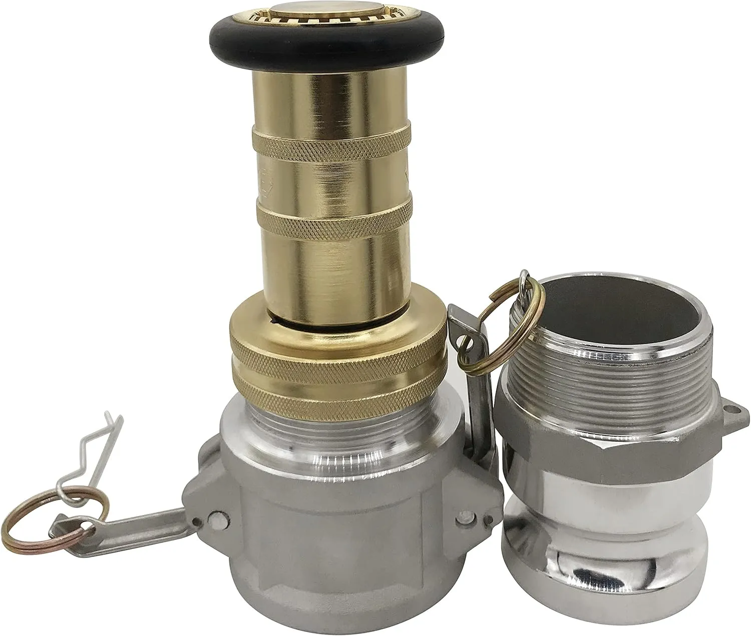 2" NPSH Brass Industrial Fire Hose Nozzle with 2 x Aluminum 2 inch Camlock Fittings Couplings Fire Equipment Constant Flow Heavy-Duty Fog Nozzle