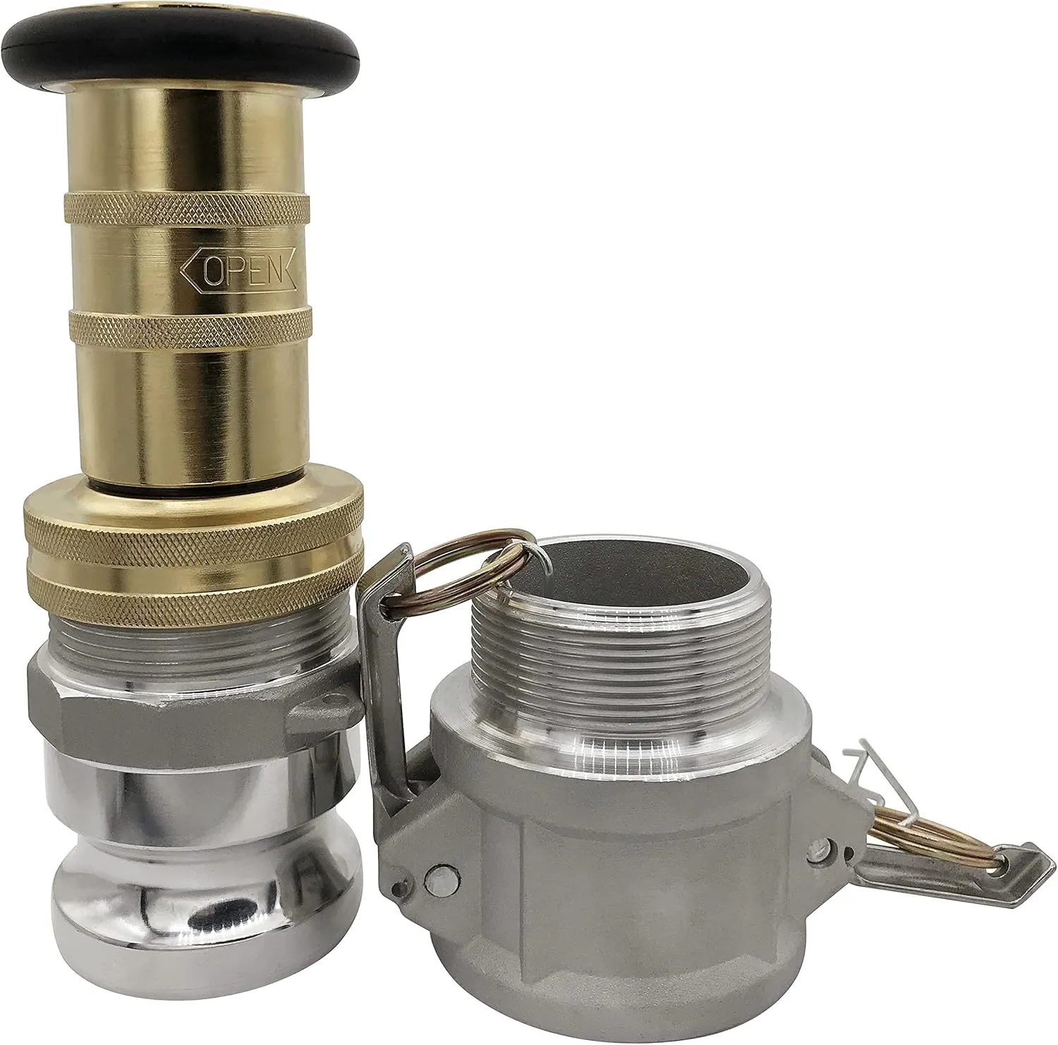 2" NPSH Brass Industrial Fire Hose Nozzle with 2 x Aluminum 2 inch Camlock Fittings Couplings Fire Equipment Constant Flow Heavy-Duty Fog Nozzle