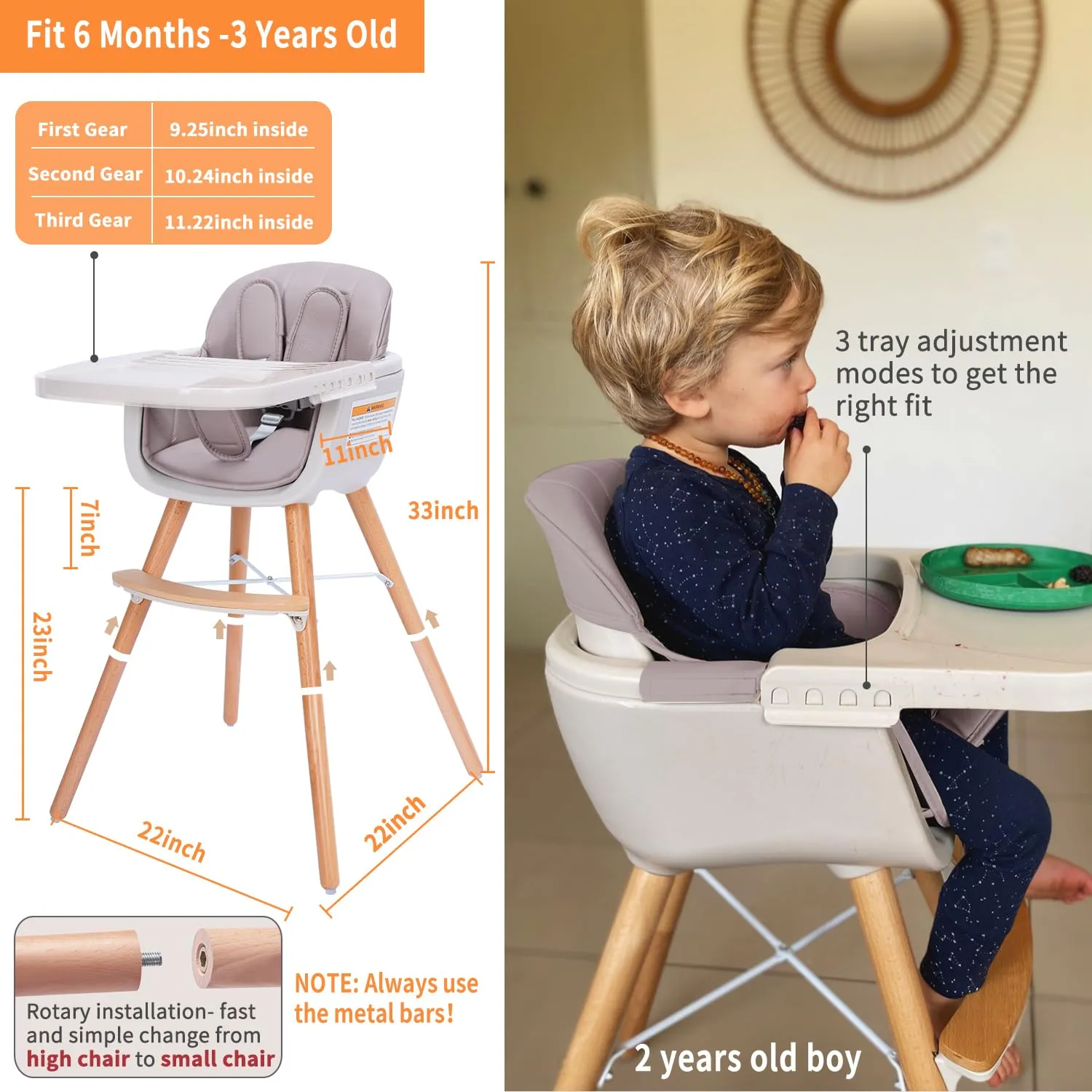 3-in-1 Convertible Wooden High Chair, High Chairs for Babies and Toddlers, Baby High Chair with Adjustable Legs & Dishwasher Safe Tray, Made of Sleek Hardwood & Premium Leatherette, Pink Color