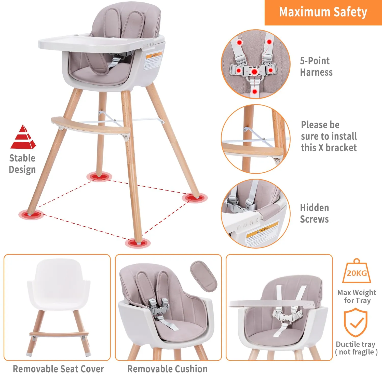 3-in-1 Convertible Wooden High Chair, High Chairs for Babies and Toddlers, Baby High Chair with Adjustable Legs & Dishwasher Safe Tray, Made of Sleek Hardwood & Premium Leatherette, Pink Color