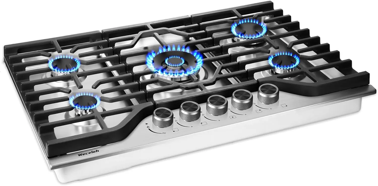 30 Inch Gas Cooktop Stovetop with 5 Italy SABAF Burners 39400BTU, 0.6mm Stainless Steel,Heavy-Duty Cast Iron Grate,Dual Fuel LPG/NG,Leakage Protection