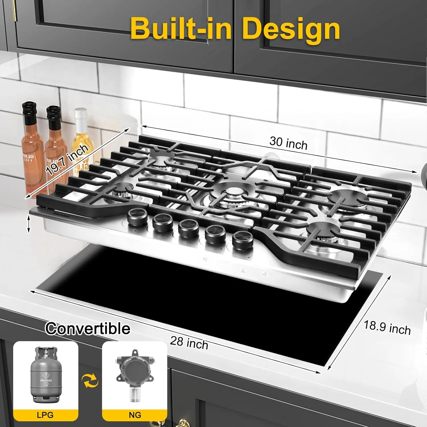 30 Inch Gas Cooktop Stovetop with 5 Italy SABAF Burners 39400BTU, 0.6mm Stainless Steel,Heavy-Duty Cast Iron Grate,Dual Fuel LPG/NG,Leakage Protection