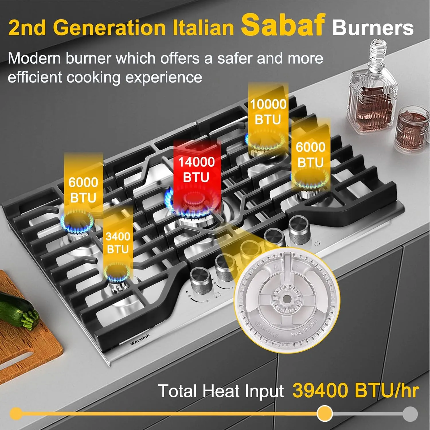 30 Inch Gas Cooktop Stovetop with 5 Italy SABAF Burners 39400BTU, 0.6mm Stainless Steel,Heavy-Duty Cast Iron Grate,Dual Fuel LPG/NG,Leakage Protection