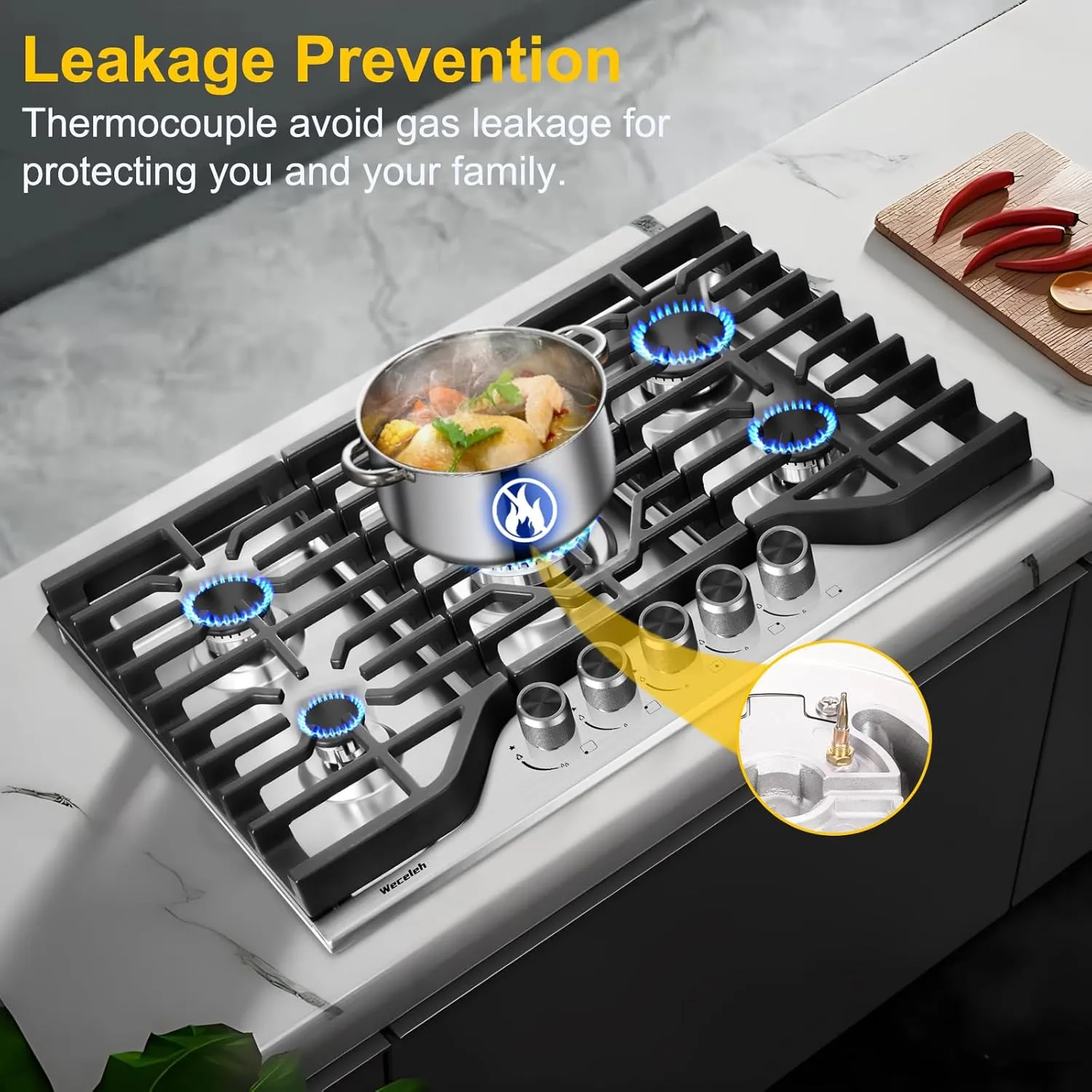 30 Inch Gas Cooktop Stovetop with 5 Italy SABAF Burners 39400BTU, 0.6mm Stainless Steel,Heavy-Duty Cast Iron Grate,Dual Fuel LPG/NG,Leakage Protection