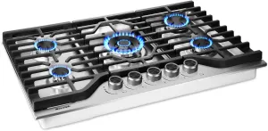 30 Inch Gas Cooktop Stovetop with 5 Italy SABAF Burners 39400BTU, 0.6mm Stainless Steel,Heavy-Duty Cast Iron Grate,Dual Fuel LPG/NG,Leakage Protection