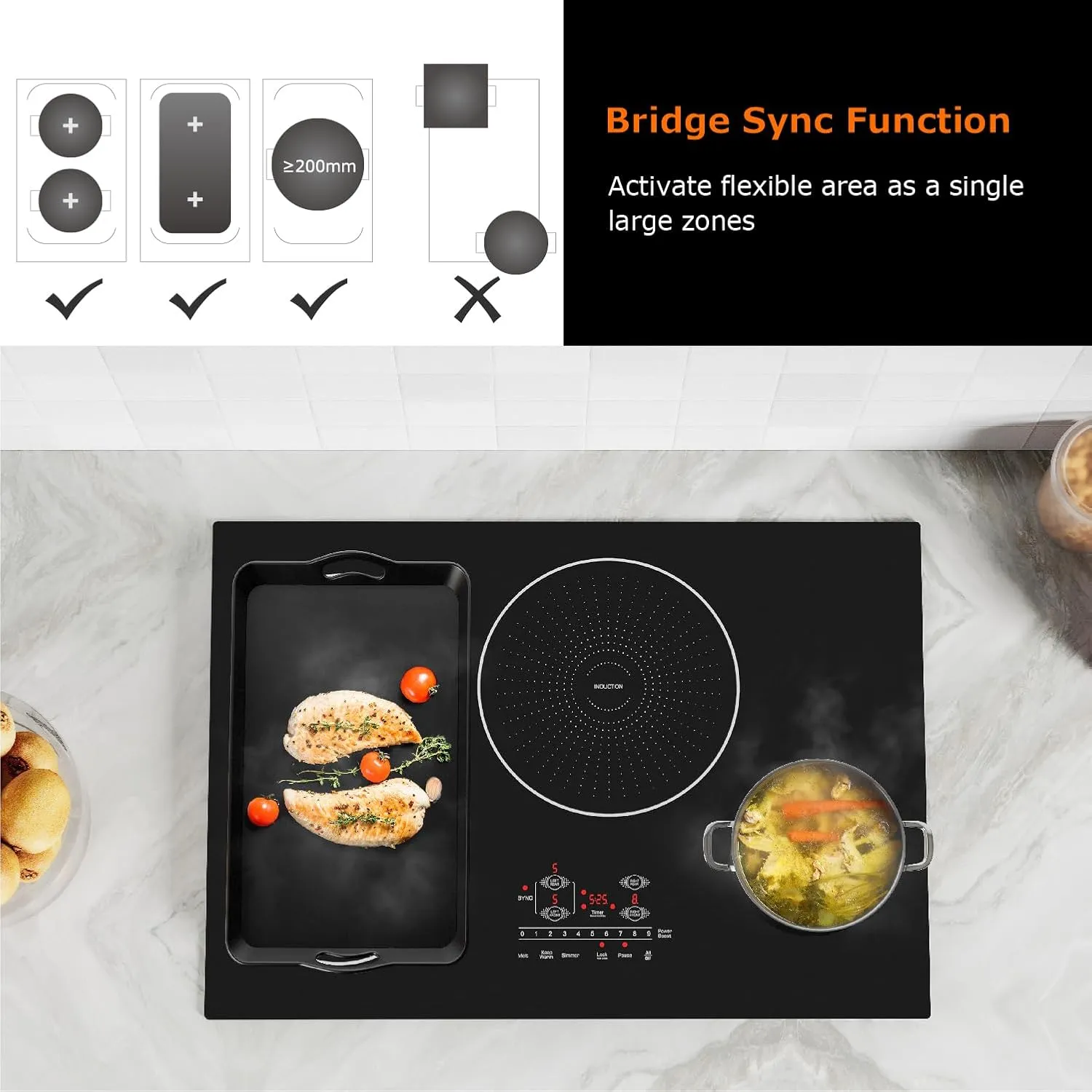 30 Inch Induction Cooktop 4 Burners, Flat Glass Top Electric Stove Hob with Bridge-SYNC, 3 Preset Modes Booster, Timer, Pause, Child Lock, Drop in, 208~240V/40A, Black