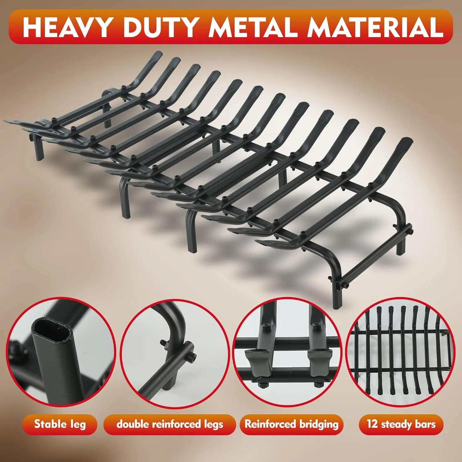30 inch Steel Fireplace Grates Stove Grate Rack for Efficient and Effective Wood Burning Indoor Hearth Outdoor Firepit Matt Black (29 X 16 Inch)