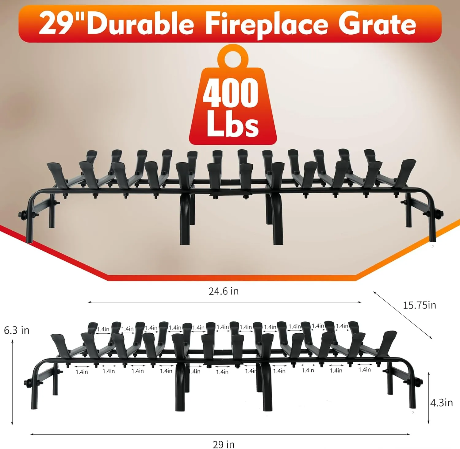 30 inch Steel Fireplace Grates Stove Grate Rack for Efficient and Effective Wood Burning Indoor Hearth Outdoor Firepit Matt Black (29 X 16 Inch)