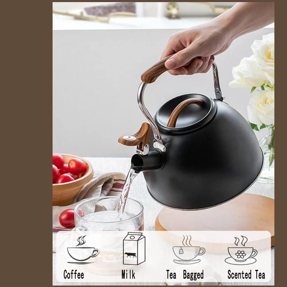 3.1 Quart/3 Liter Whistling Tea Kettle,Food Grade Stainless Steel and Wood Pattern Folding Handle, Work for All Stovetops