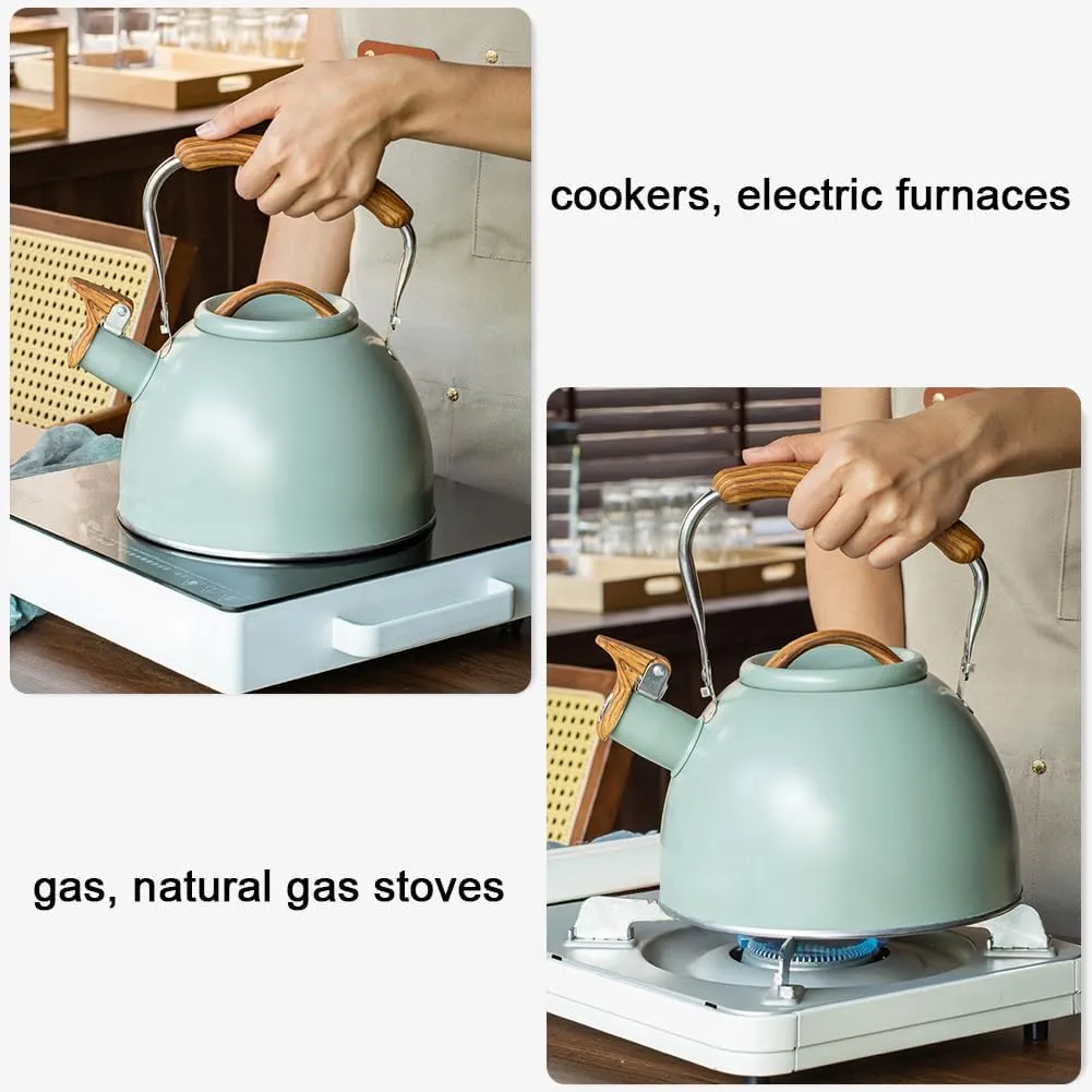 3.1 Quart/3 Liter Whistling Tea Kettle,Food Grade Stainless Steel and Wood Pattern Folding Handle, Work for All Stovetops