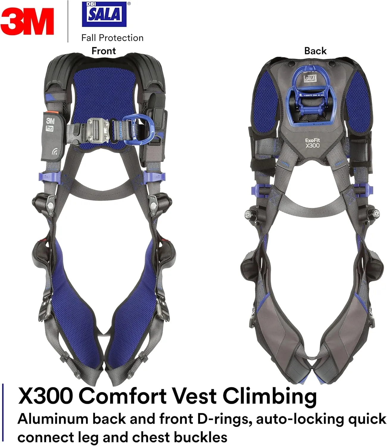 3M 1113037 DBI-SALA ExoFit X300 Comfort Vest Climbing Harness Fall Protection, General Industry, Aluminum Back and Front D-Ring, Auto-Locking Quick Connect Leg and Chest Straps, Large