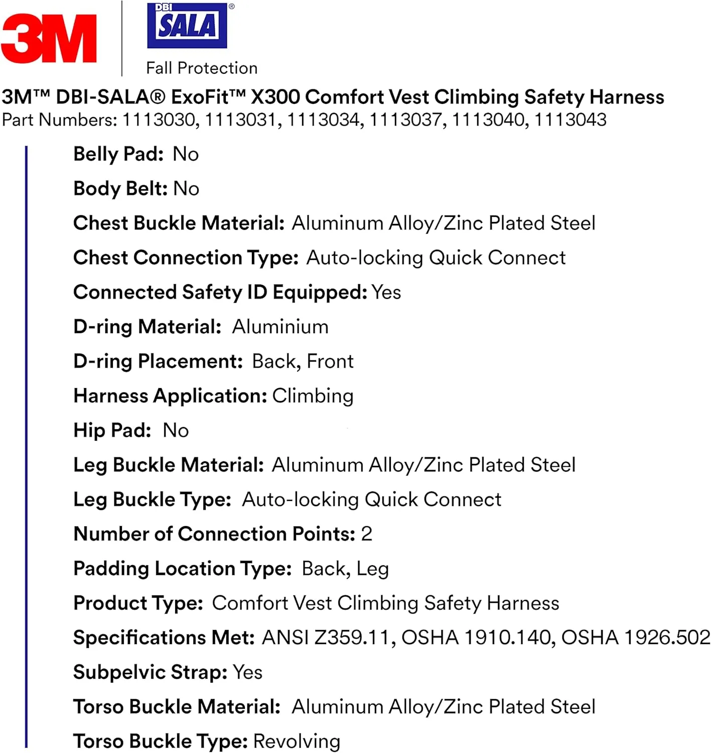 3M 1113037 DBI-SALA ExoFit X300 Comfort Vest Climbing Harness Fall Protection, General Industry, Aluminum Back and Front D-Ring, Auto-Locking Quick Connect Leg and Chest Straps, Large