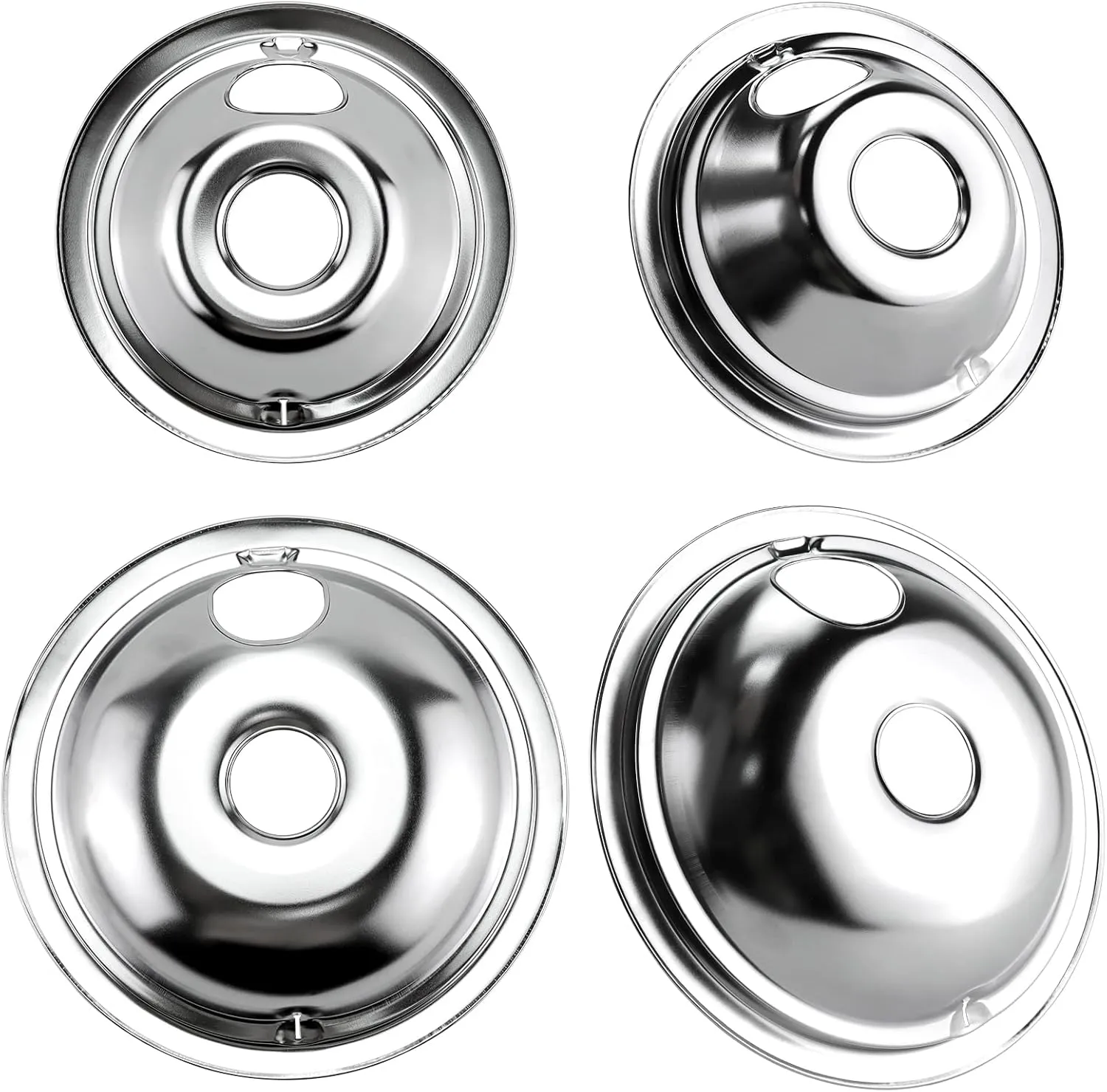 4 Pack GE68C Chrome 6" 2 x 8" Burner Drip Pan Bowls by PANDEELS- Fit for GE and Hot-point Electric Ranges
