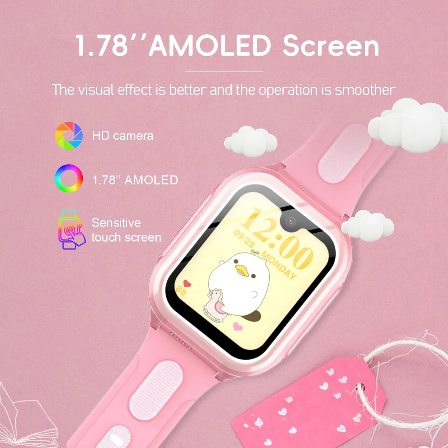 4G Kids Smart Watch with GPS Tracking, SOS, WiFi, Camera, Step Counts, 2 Way Voice Chat & Video Calling - SIM Card Included - Amoled Kids Smart Watch for School Boys & Girls